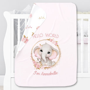 Cute Elephant and Flowers Pink Baby Blanket