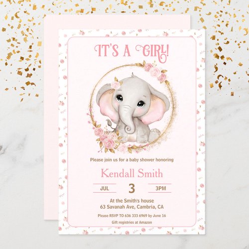 Cute Elephant and Flowers Pink Baby Shower Invitation