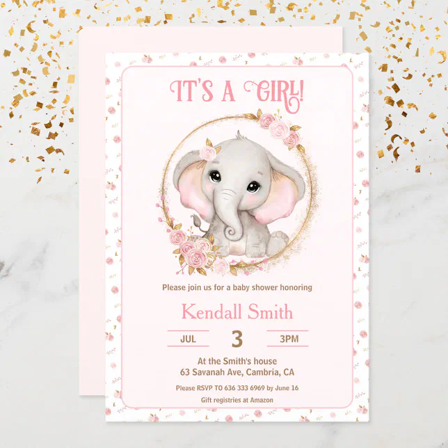 Cute Elephant and Flowers Pink Baby Shower Invitation | Zazzle