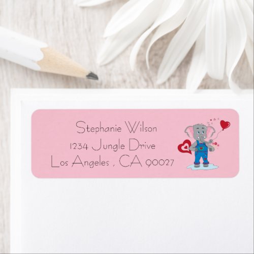 Cute Elephant and Hearts Pink Return Address Label