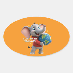 Cute Elephant and Hugging the Planet Eco Design Oval Sticker
