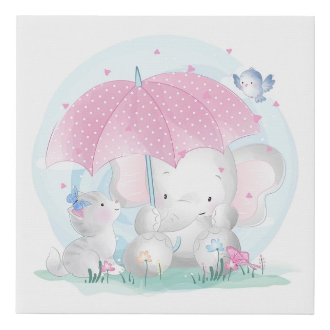 Cute Elephant and Kitten Faux Canvas Print (Front)
