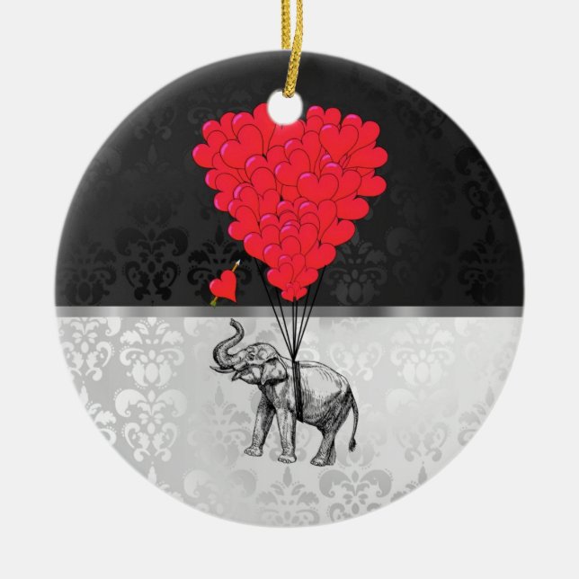 Cute elephant and love heart on gray ceramic ornament (Front)