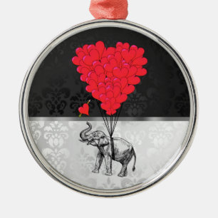 Cute elephant and love heart on gray metal ornament
