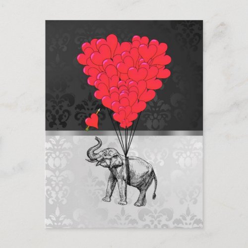 Cute elephant and love heart on gray postcard