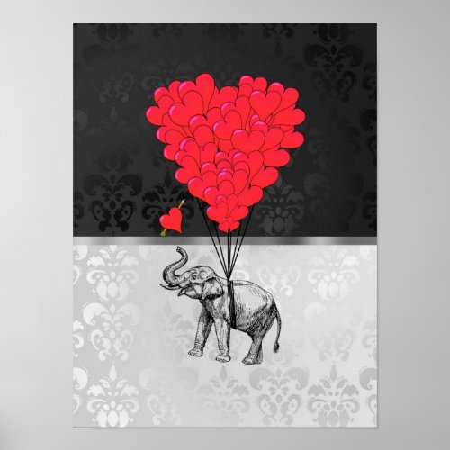 Cute elephant and love heart on gray poster