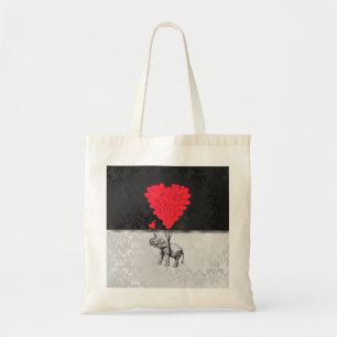 Cute elephant and love heart on gray tote bag
