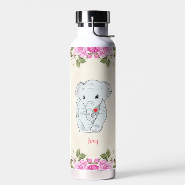Cute Elephant and Pink Flowers Water Bottle (Left)