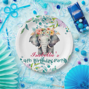 Cute elephant animals jungle Floral Birthday party Paper Plates