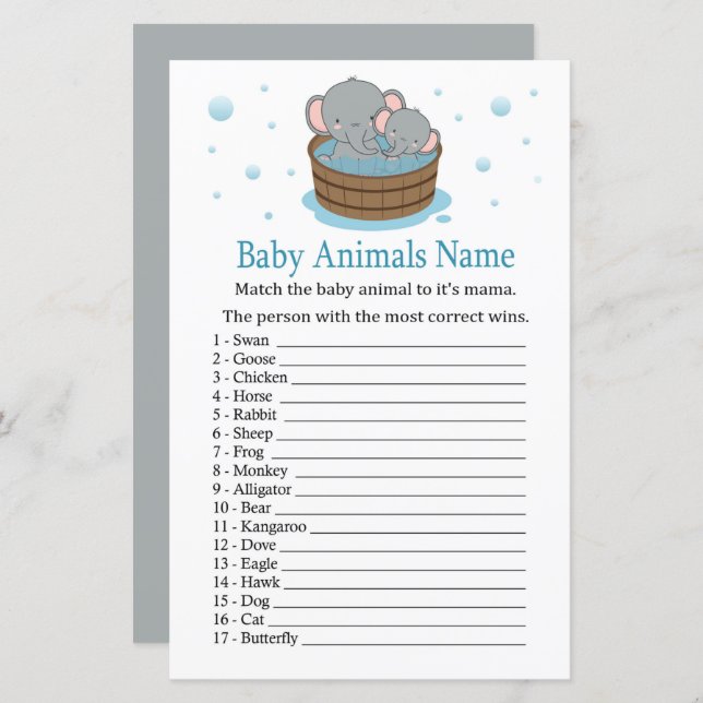 Cute Elephant Baby Animals Name Game (Front/Back)