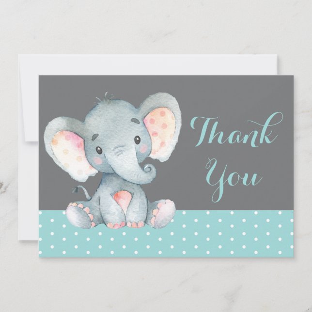 Cute Elephant Baby Aqua Teal Turquoise and Gray Thank You Card (Front)