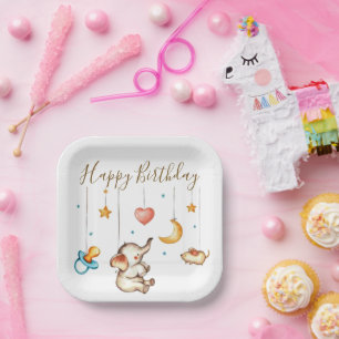 Cute Elephant baby birthday party Paper Plates