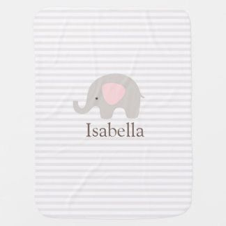 Cute Elephant Baby Blanket Pink Taupe Stripes Girl