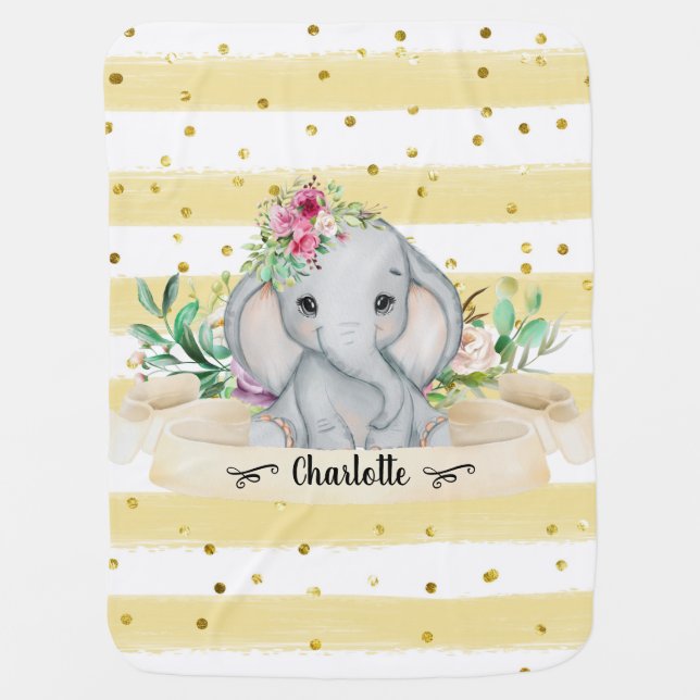 Cute Elephant Baby Blanket With Child Name (Front)
