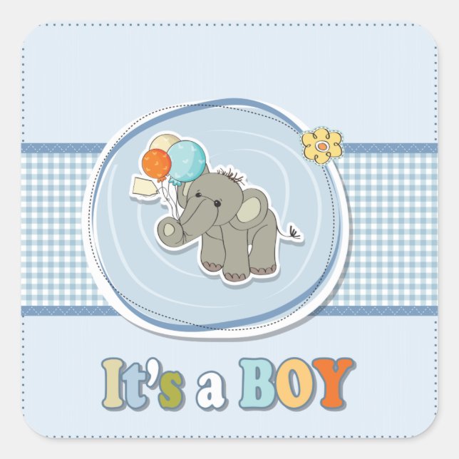 Cute Elephant Baby Boy Announcement  Square Sticker (Front)