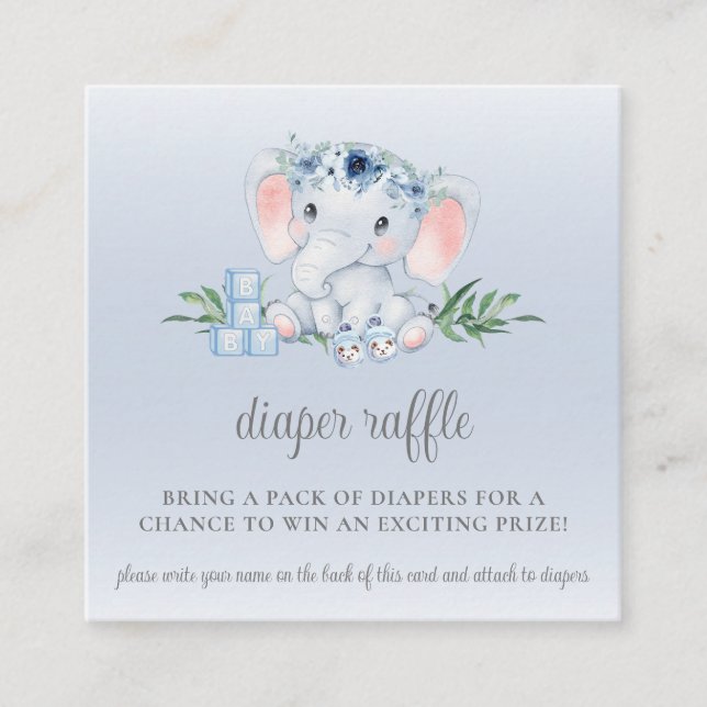 Cute Elephant Baby Boy Baby Shower Diaper Raffle Enclosure Card (Front)