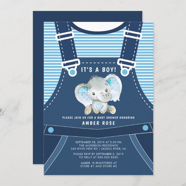 Cute Elephant Baby Boy Baby Shower Invitation (Front/Back)