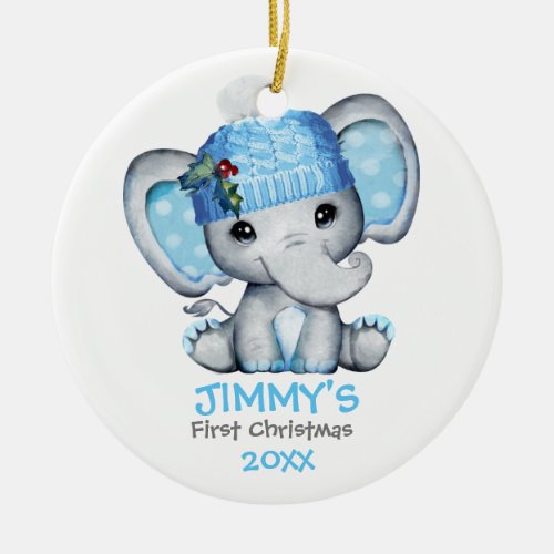 Cute Elephant Baby Boy Babys First Christmas Ceramic Ornament