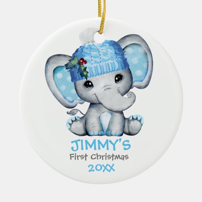 Cute Elephant Baby Boy Baby's First Christmas Ceramic Ornament (Front)