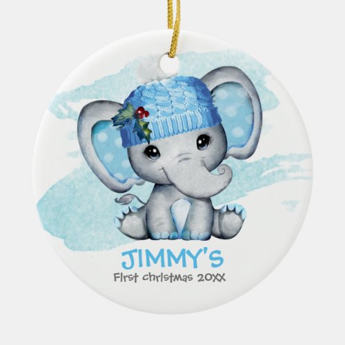 Cute Elephant Baby Boy Babys First Christmas Ceramic Ornament