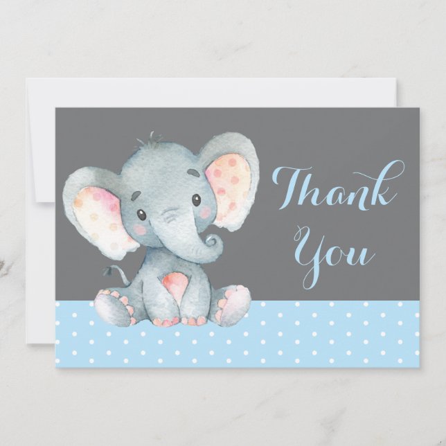 Cute Elephant Baby Boy Blue and Gray Thank You Card (Front)