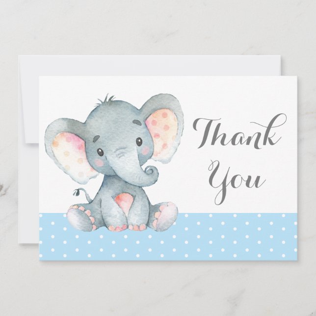 Cute Elephant Baby Boy Blue and Gray Thank You Card (Front)