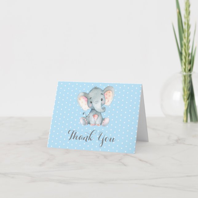 Cute Elephant Baby Boy Blue and Gray Thank You Card (Front)