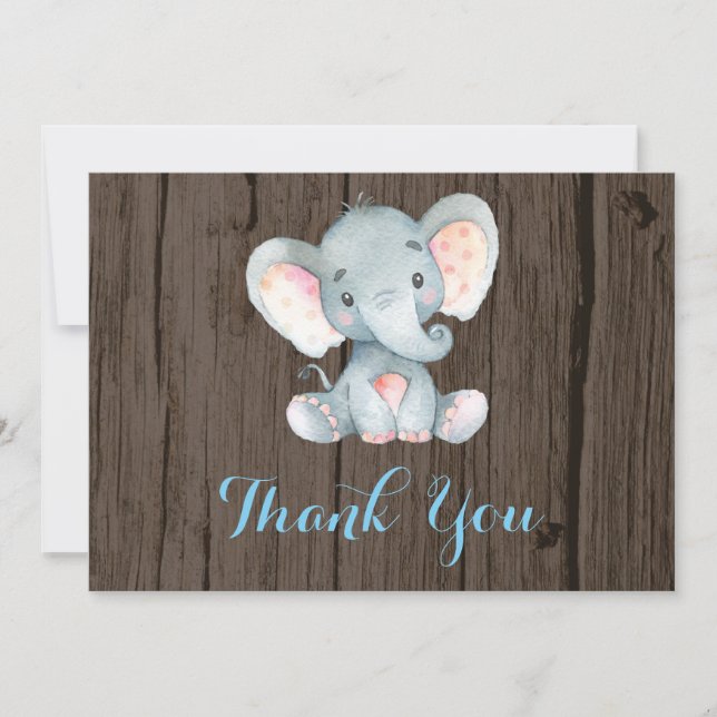Cute Elephant Baby Boy Blue and Gray Thank You Card (Front)