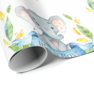 Cute Elephant Baby Boy Blue and Gray Wrapping Paper