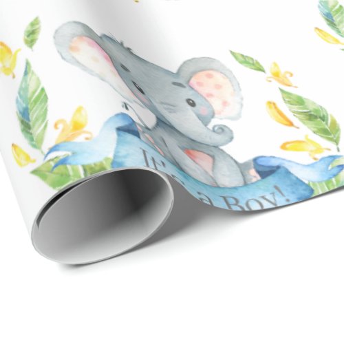 Cute Elephant Baby Boy Blue and Gray Wrapping Paper