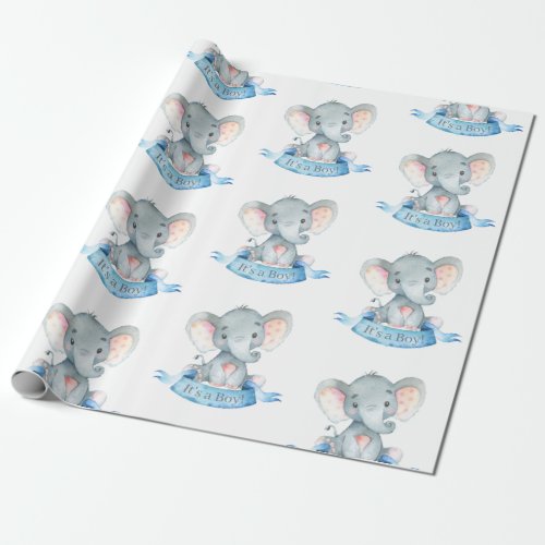 Cute Elephant Baby Boy Blue and Gray Wrapping Paper