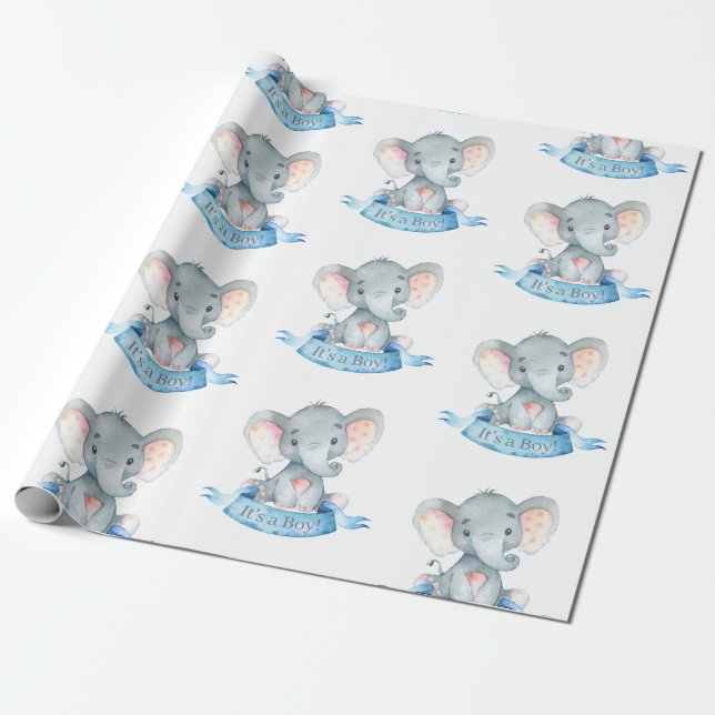 Cute Elephant Baby Boy Blue and Gray Wrapping Paper (Unrolled)