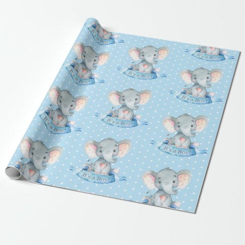 Cute Elephant Baby Boy Blue and Gray Wrapping Paper