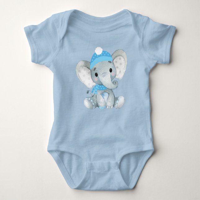 Cute elephant baby boy bodysuit blue rustic (Front)