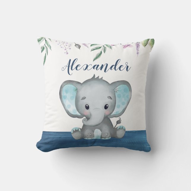 Cute Elephant Baby Boy Custom Name Blue Wood Throw Pillow (Front)