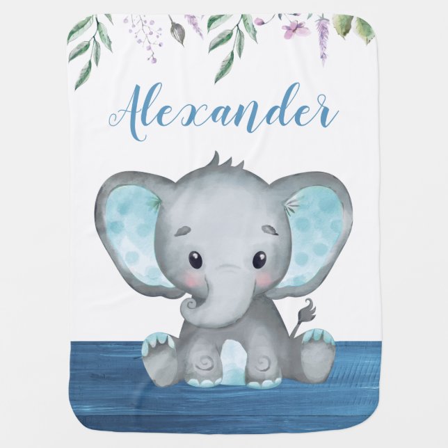 Cute Elephant Baby Boy Custom Name Wood Blanket (Front)