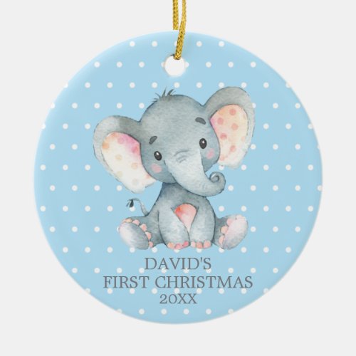 Cute Elephant Baby Boy First Christmas Blue Ceramic Ornament