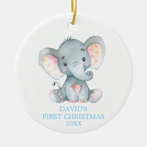 Cute Elephant Baby Boy First Christmas Blue Ceramic Ornament