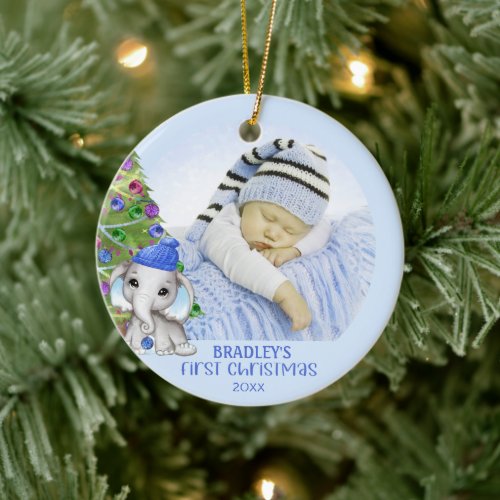Cute Elephant Baby Boy First Christmas Photo Blue Ceramic Ornament