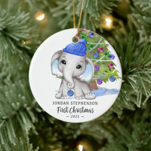 Cute Elephant Baby Boy First Christmas Photo Ceramic Ornament