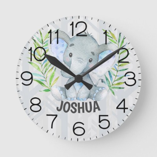 Cute Elephant Baby Boy Nursery Jungle Safari Round Clock