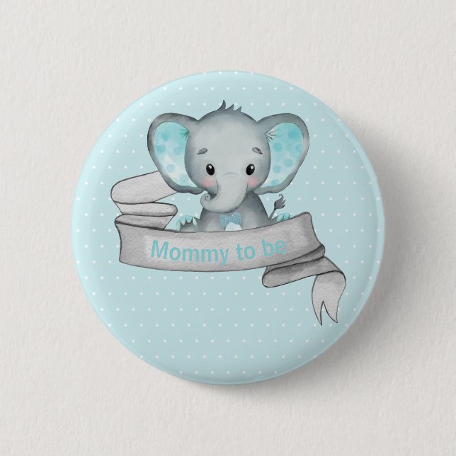 Cute Elephant Baby Boy Shower Blue Mommy to be Button (Front)