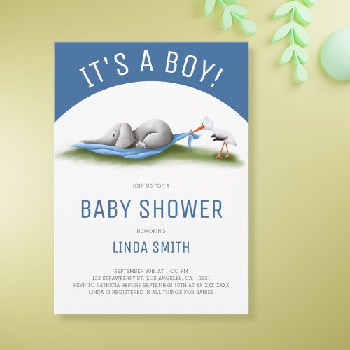 Cute Elephant Baby Boy Shower Invitation