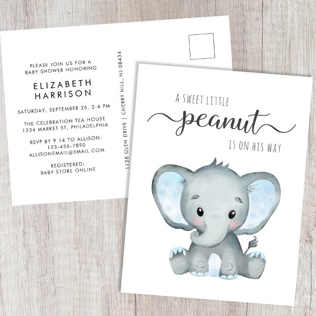 Cute Elephant Baby Boy Shower Invitation Postcard (Creator Uploaded)