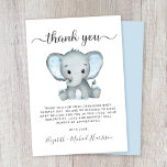 Cute Elephant Baby Boy Shower Thank You Card<br><div class="desc">Cute baby boy shower thank you card featuring "thank you" in a stylish grey script with swashes and a pastel blue watercolor of baby boy elephant. Personalize your thank you message and add your name(s) in a signature script,  or leave blank for a handwritten note.</div>