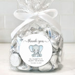 Cute Elephant Baby Boy Shower Thank You Classic Round Sticker<br><div class="desc">Cute stickers for your baby boy shower favors and correspondence with "Thank You" written in a stylish swash script and a pastel blue watercolor of a baby elephant. Personalize the mother-to-be's name and shower date in simple grey typography.</div>