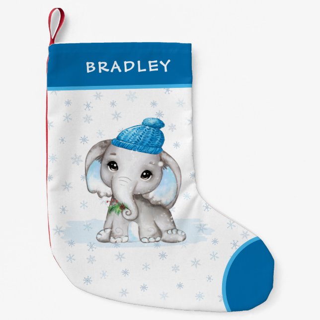 Cute Elephant Baby Boy Winter Snowflakes Name Small Christmas Stocking (Front)