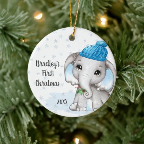 Cute Elephant Baby First Christmas Boy Name Ceramic Ornament