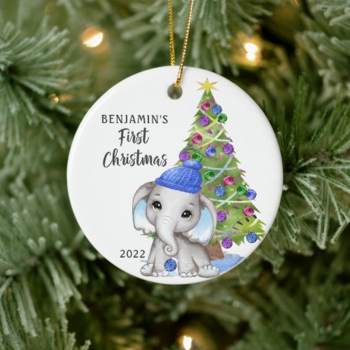 Cute Elephant Baby First Christmas Boy Photo Ceramic Ornament