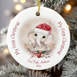 Cute Elephant Baby First Christmas Girl  Ceramic Ornament